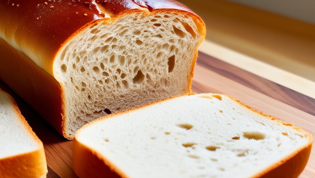 Close-up of a loaf of fluffy homemade sandwich bread recipe.
