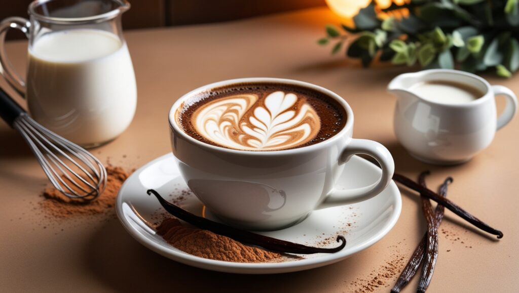 A close-up of a cup of coffee with almond milk swirl and a sprinkle of cocoa powder on a rustic table.
