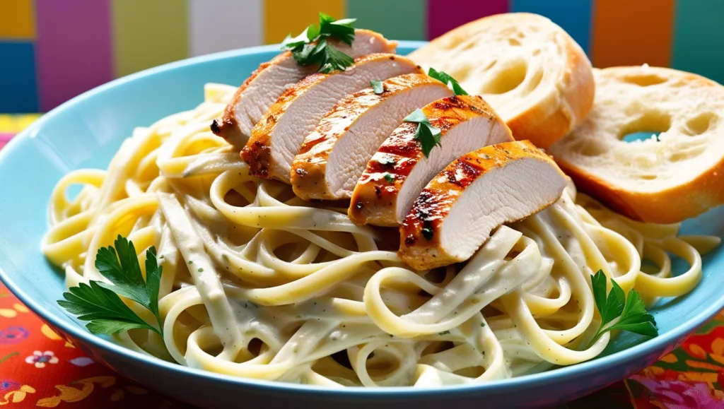 A mouthwatering bowl of Chicken Alfredo served with garlic bread on the side.