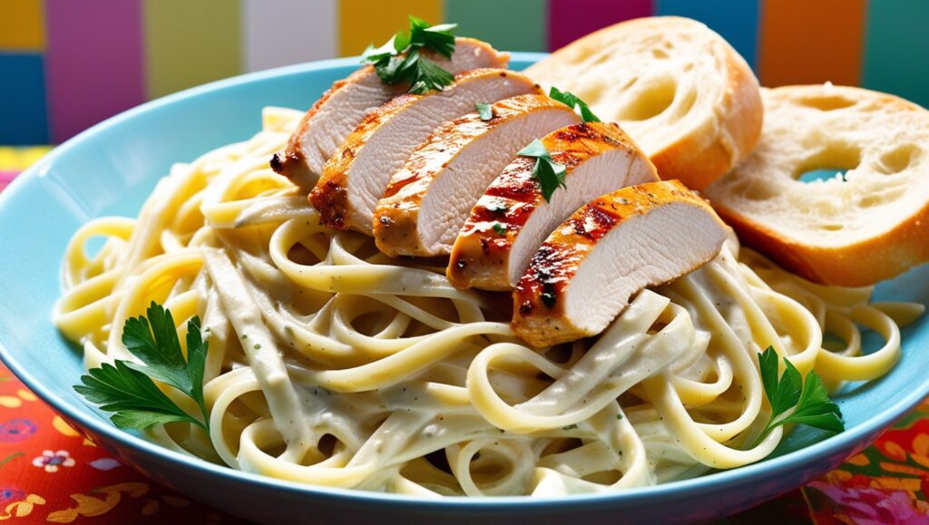 A mouthwatering bowl of Chicken Alfredo served with garlic bread on the side.