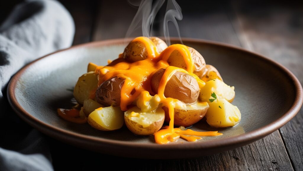 Cheesy Potatoes Recipe topped with chives and melted cheese